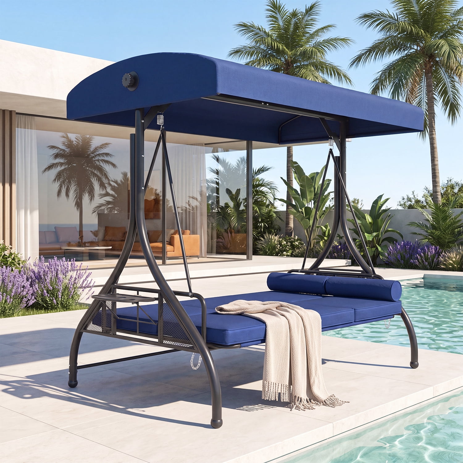 BaPiPro Blue 3-Seat Metal Outdoor Patio Swing, 2-in-1 Convertible Swing Bed with Adjustable Canopy, Removable Cushions & Foldable Side Table for Garden Porch Deck
