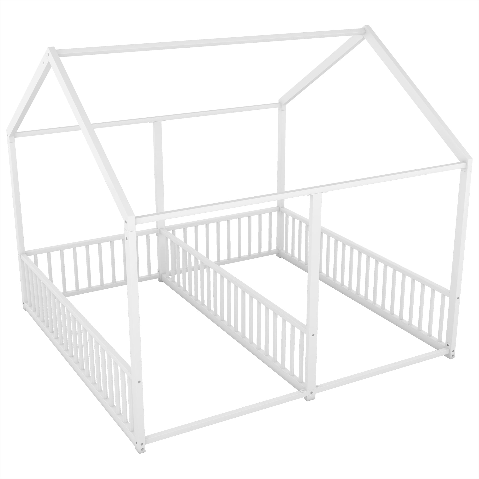 Bellemave Double Twin Size Floor Bed, Metal Shared Platform Beds for 2, Montessori House Bed Frame with Rails (White)
