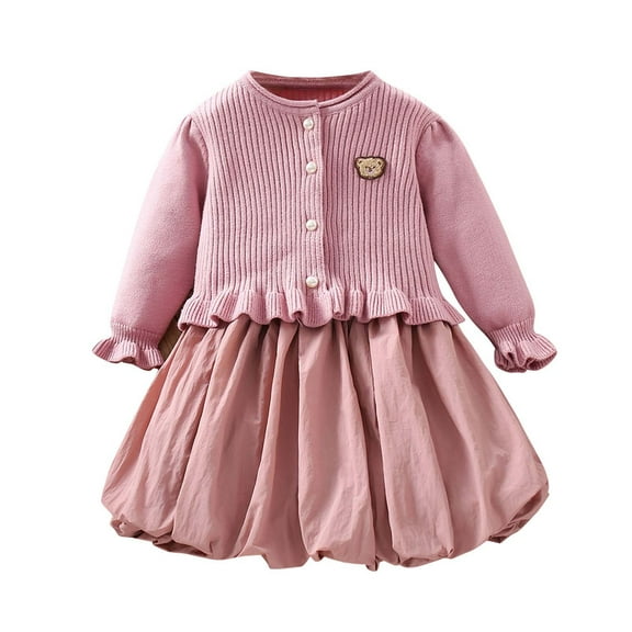 IVEYRTF Girls Two Piece Outfit Knit Cardigan Dress Set Long Sleeve Collar Dress for Fall Fashion Solid Color Casual Wear Holiday Photo Outfits Party Wear(Pink,1 Years)