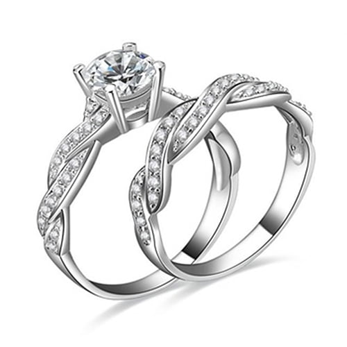 Luxury and Shining Womens 2-in-1 White Diamond Silver Engagement Wedding Band Ladies Rings