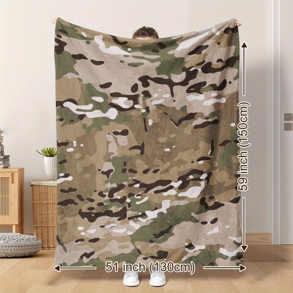 Camouflage Print Flannel Throw Blanket, Knitted Polyester Quilted All-Season Cozy Wrap - Contemporary Style Digital Print Soft Blanket for Napping