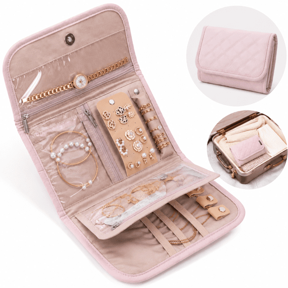 Travel Jewelry Case Organizer, Foldable Storage Roll for Earrings, Necklaces, Rings, Bracelets, Brooches, Pink
