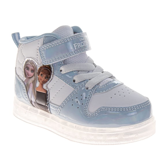 Disney Frozen Girls' LED Light-Up High-Top Sneakers, Hook and Loop Shoes for School, Play, and Everyday Wear (Toddler/Little Kid), Blue/White, Size: 8