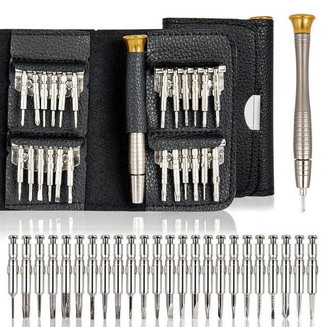 Juego de destornilladores de 25 piezas para PC, anteojos, teléfono móvil, reloj, cámara digital, kits de herramientas de reparación de destornilladores de precisión con bolsa de cuero negra