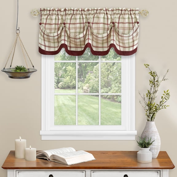 Traditional Elegance Tattersall Window Curtain Tier Pair and Valance Set - 58x24 - Burgundy