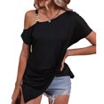 thumbnail image 1 of Top negro con hombros descubiertos, dobladillo plisado, corte holgado, color único para mujer, talla XL, camiseta informal de verano, 1 of 6