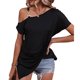 thumbnail image 1 of Mujer Solo Hombro Frío Dobladillo Superior Plisado Color Puro Ajuste Suelto Verano Casual Camiseta Negro M, 1 of 6