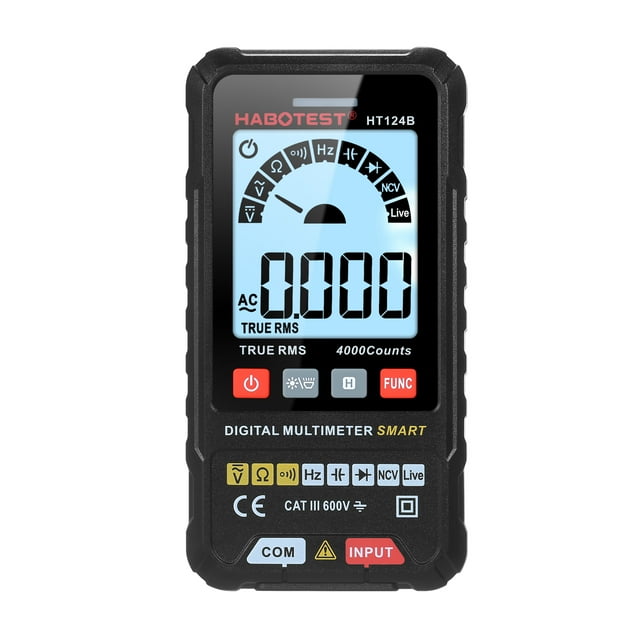 HABOTEST HT124B Multimètre Numérique Intelligent 4000 Unités Vrai RMS Tension de Comptage Automatique avec Écran LCD Rétroéclairé 600V AC DC Voltmètre Stylo Test Électrique Lampe de Poche LED Multifonction Résistant