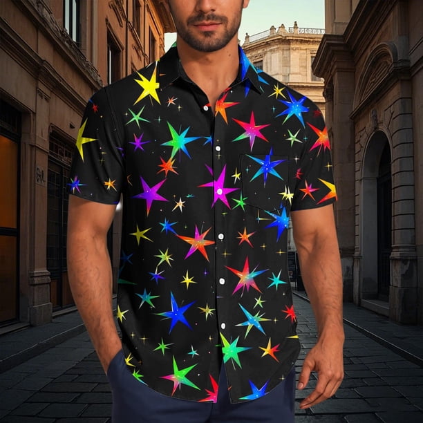 Blusa y camisa de manga corta con cuello vuelto para hombre, blusa informal de moda con cuello vuelto, blusa estampada de manga corta con botones, blusa de poliéster para hombre