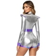 thumbnail image 2 of TiaoBug Women Shiny Metallic Alien Bodysuit Long Sleeve Front Zipper Dance Leotard Holographic Futuristic Robot Outfit Silver XL, 2 of 6