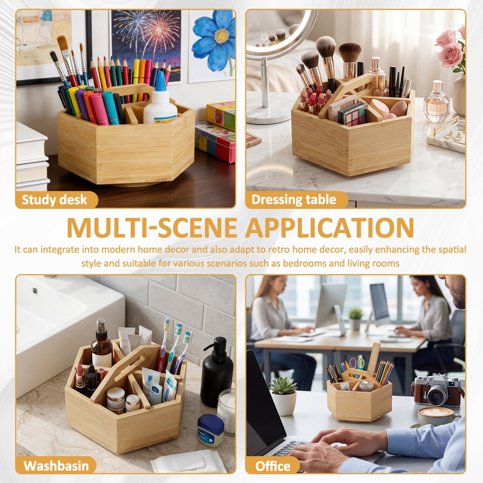 FYJUCPA Bamboo Rotating Pen Holder, Versatile Hexagon Desktop Pencil Organizer with 6 Compartments and Handle, Crayon Marker Holder for Pencil Pen and Paint Brush
