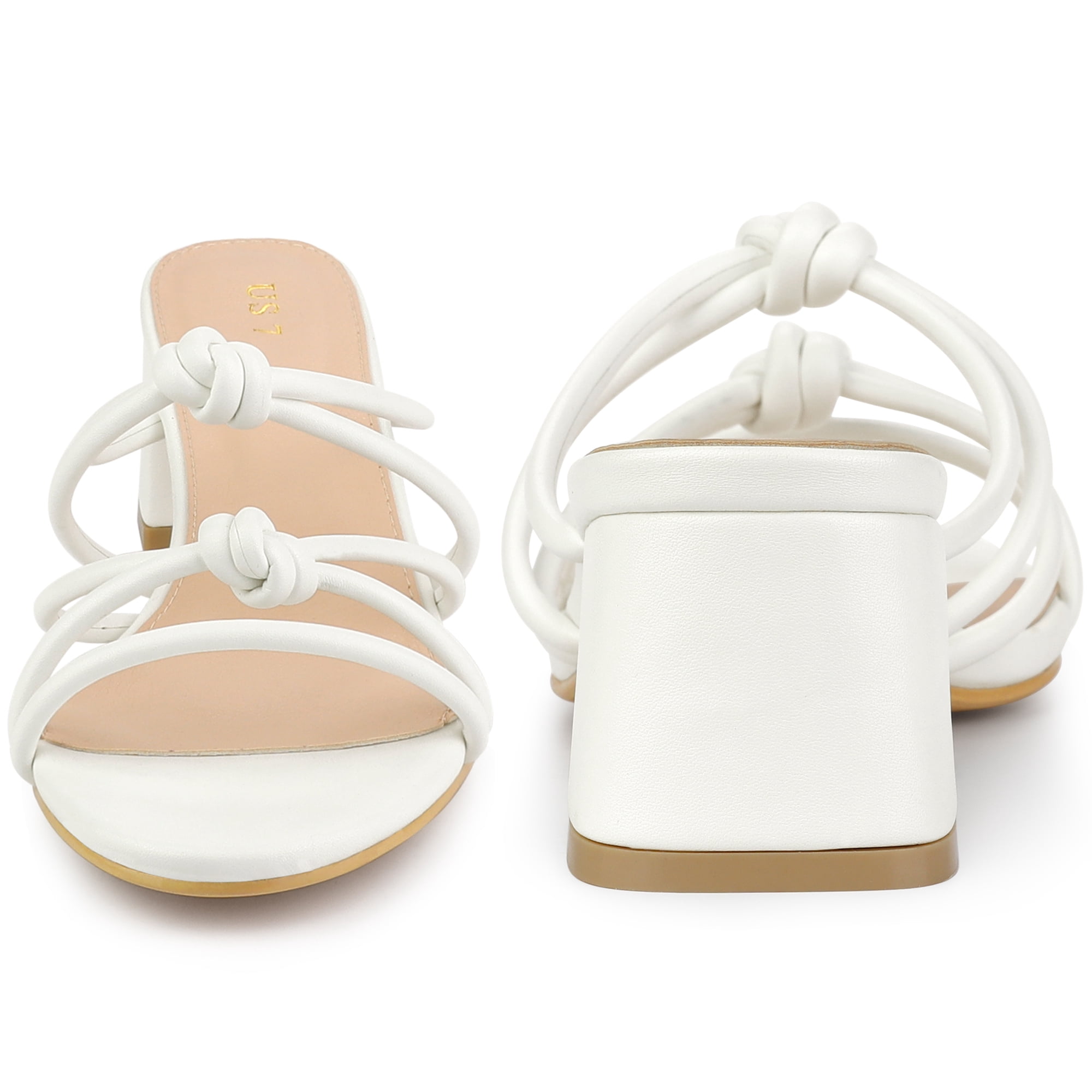 DARING DIVA Women's Strappy Knotted Block Heel Black Heels Slides Sandals White 8
