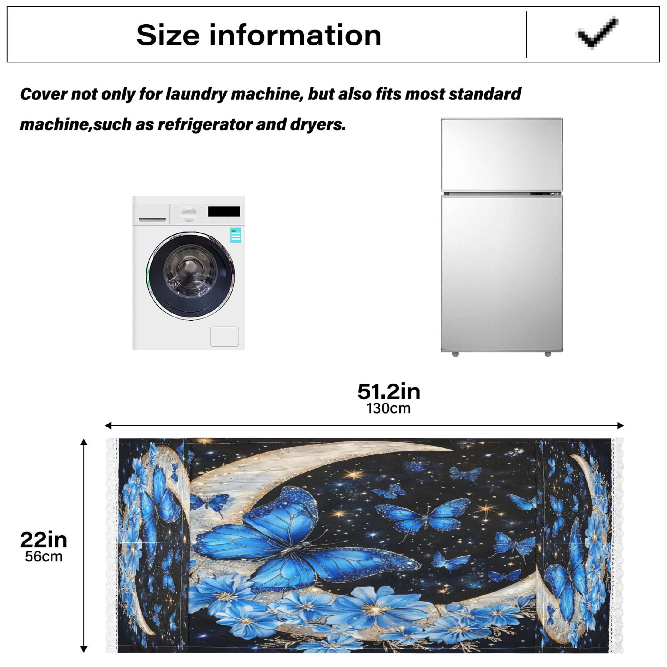 Washing Machine Cover 51.2x22in, Durable Polyester Dust Cover with Lace Trim and Side Pocket for Appliances Moon with Butterflies