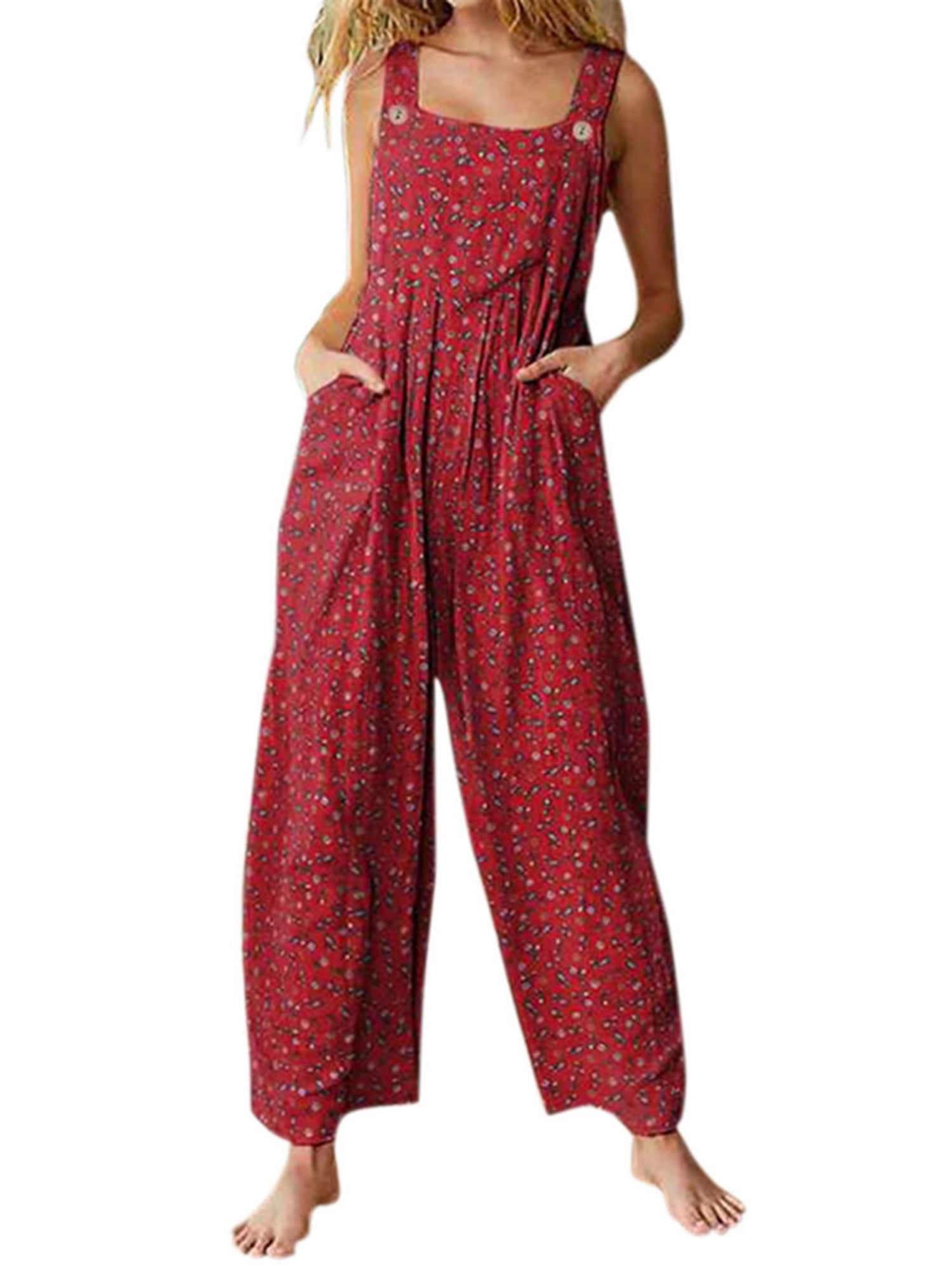 Sunisery Womens Harem Jumpsuit Casual Loose Boho Floral Doodle Pants One  Piece Overalls 