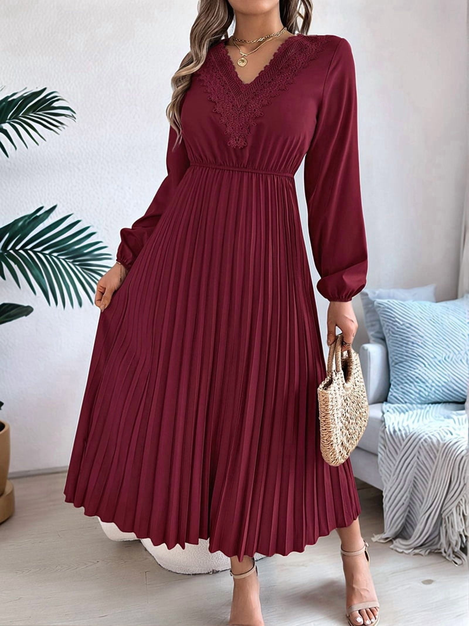 Women Fall Long Sleeve Dress Casual V Neck Pleated A Line Wine Red XL