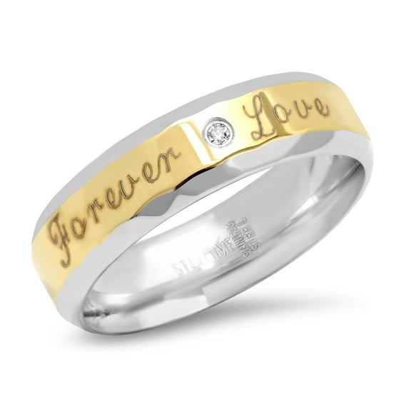 Men's Two Tone Stainless Steel and 18K Gold Plated Stainless Steel Forever Love Ring With Simulated Diamond