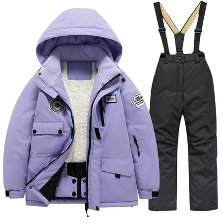 Ruyang Fleece Lined Snow Suit for Boys Girls Winter Warm Snowsuit Windproof 2 Piece Outfits Zip Up Hooded Ski Jacket Set