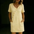 thumbnail image 7 of MOJOGO Women's Cotton Linen Blend Dress V Neck Short Sleeve Shift Mini Dress Summer Casual Vacation Sundress with Pockets Yellow L, 7 of 7