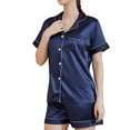 thumbnail image 4 of Women's Short Sleeve Shorts Pajama Set Summer Soft Silky Comfy Button Up Spring Lightweight Pjs 2 Piece Silk Sleepwear Navy 8-10, 4 of 5