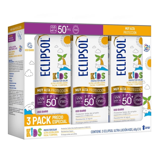 Eclipsol Ultra Loción Kids Protector Solar Facial y Corporal FPS50+, Hipoalergénico, Textura Ligera, Para Piel Sensible Infantil, Resistente al Agua, 3 Pack de 60 g c/u