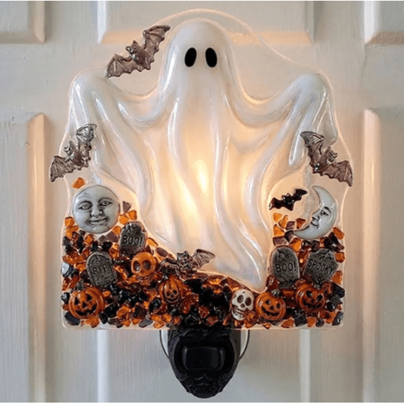 Vintage Halloween Ghost & Pumpkin Patch Wall Night Light, Spooky Stained Glass Plug-In Accent Light, Energy Efficient Night Lamp for Front Door Indoor Decor
