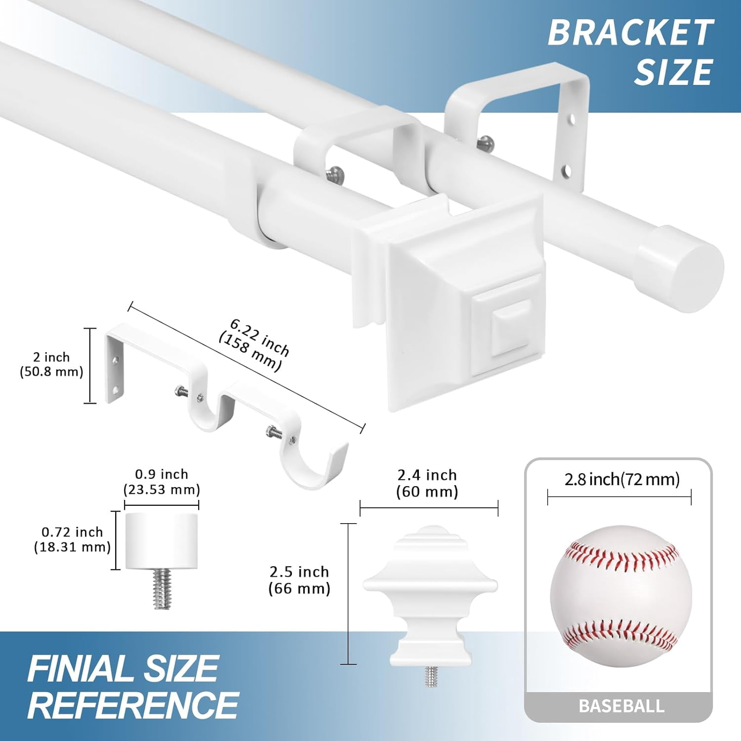 Urbanest Adjustable Double Curtain Rod Set Pila Manhattan Finials – 1″ Front & 3/4″ Back Rod With Glossy White Rod, 84–120 Inches