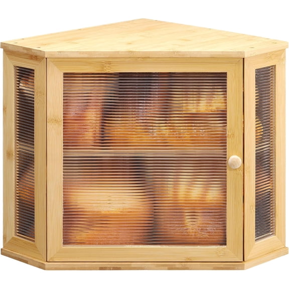 Corner Bread Box for Kitchen Countertop Bamboo Large Capacity Bread Storage Bin with Acrylic Wavy Door Panel,Bread Box Under Cabinet (Natural,Medium)