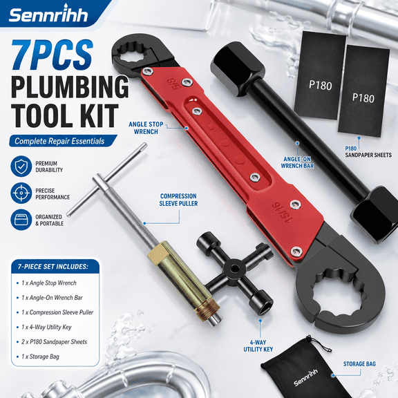 Plumbing Tools Kit, 7-Piece Angle Stop Wrench Set with 1/2-Inch Compression Sleeve Puller, 4-Way Sillcock Key & P180 Sandpaper