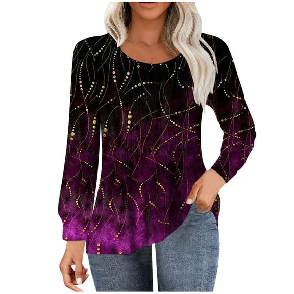 miqiqism Women Casual Pleated Shirts Comfy Long Sleeve Loose T-Shirt Juniors Comfy Round Neck Tops Fall Winter Bottoming Shirt for Ladies Trendy Gradient Printed Top,Purple,XX-Large