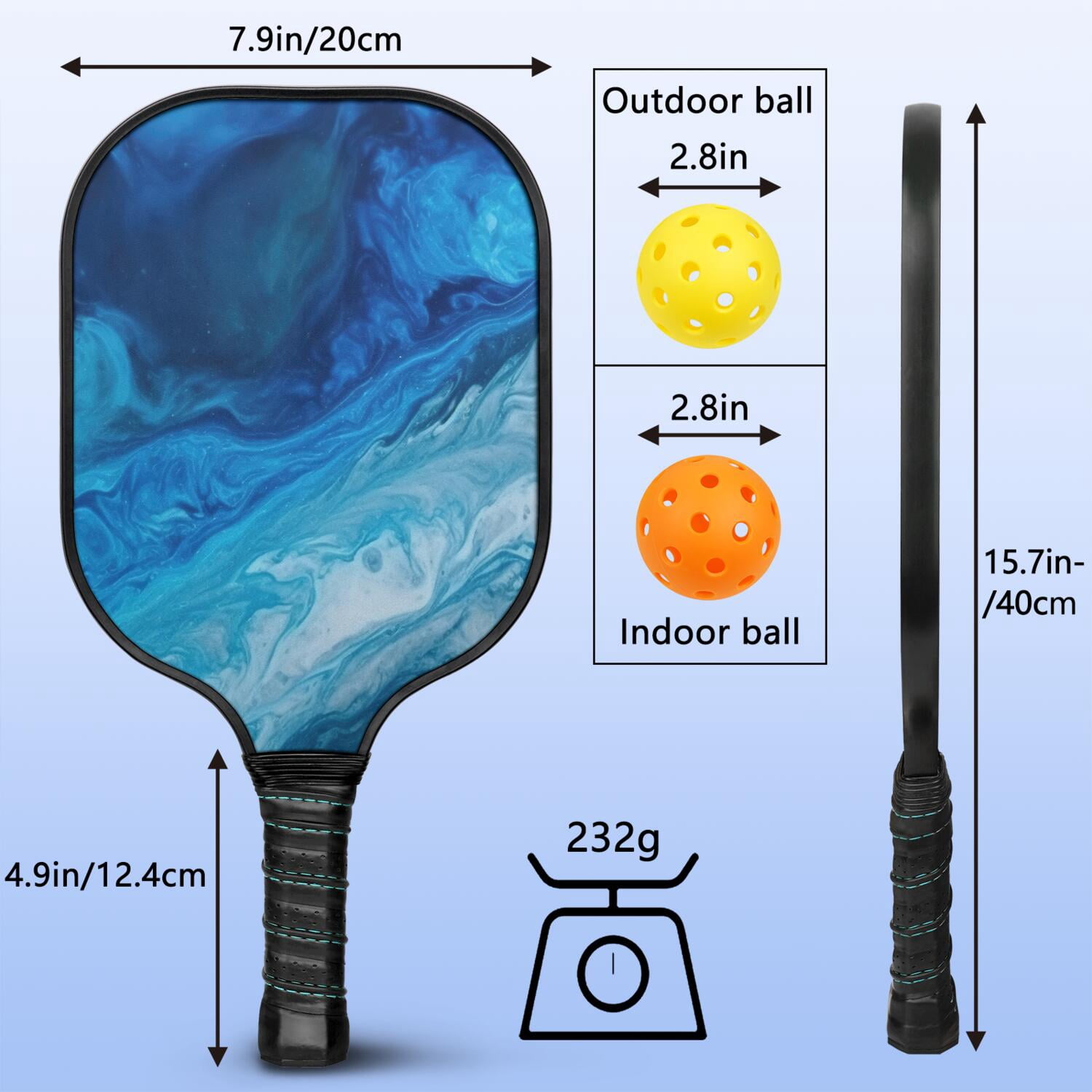Pickleball Paddles Set Of 2, Fiberglass Surface, Turquoise Marble Pattern, 4 Balls & Bag