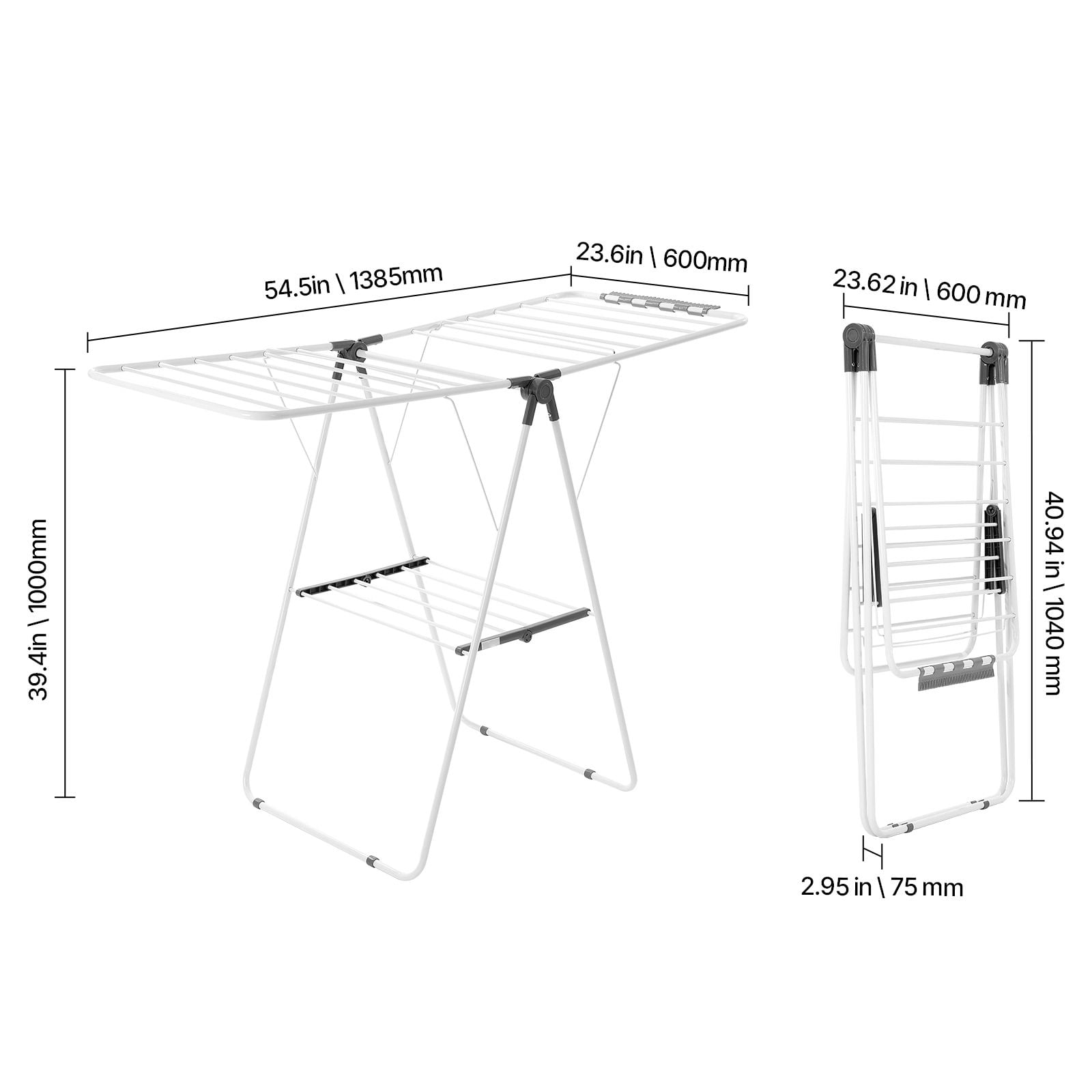 Adjustable Clothes Drying Rack, 2-Tier with 21 Hanging Rods, 22 lbs Capacity, Foldable, Sock Clips, for Laundry Room Balcony