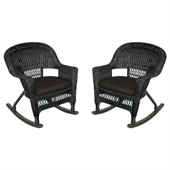 Jeco Wicker Rocker Chair in Black with Black Cushion (Set of 2)