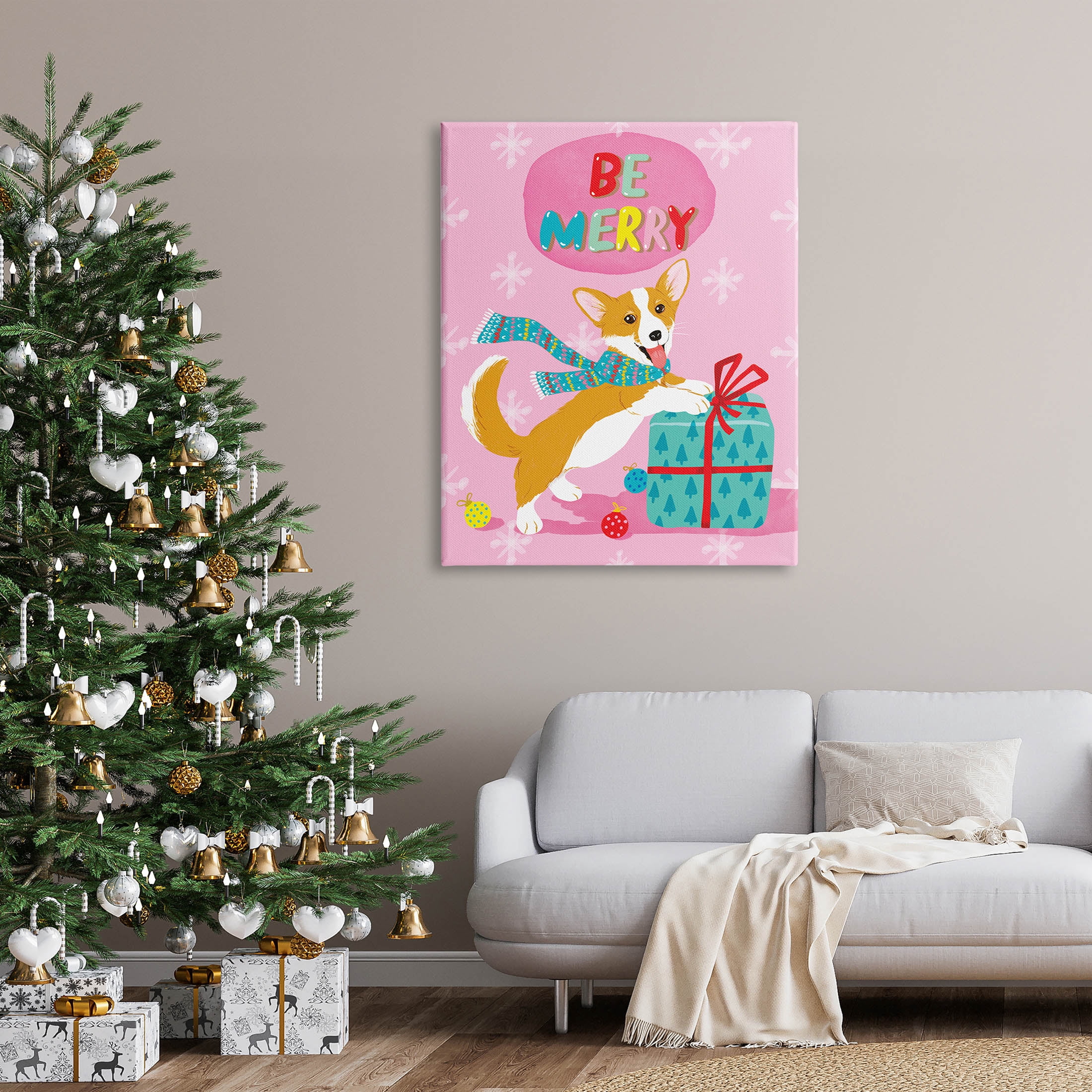 Be Merry Smiling Puppy Gift Holiday Graphic Art Gallery Wrapped Canvas Print Wall Art