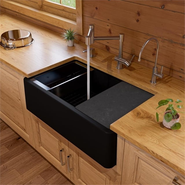 Pemberly Row Granite Composite Single Bowl Drop In Farm Sink with Accessories