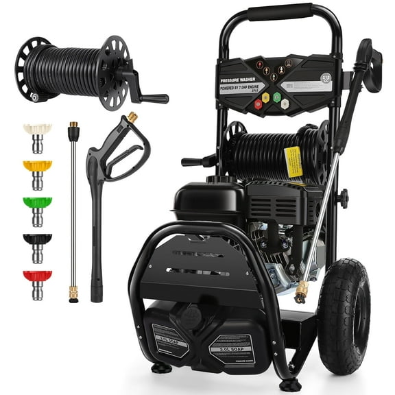 Professional 4200PSI 4GPM 212CC Gas Pressure Washer, Commercial Gas Power Washer with 5 Nozzles 33FT Hose 3LFoam Bottle 10" Wheels for Car Fence Driveway Yard (EPA/CARB/ETL Compliant)