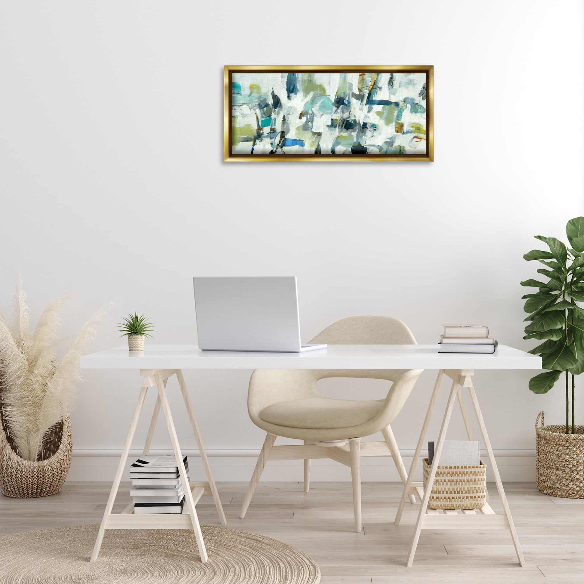 Stupell Industries Chaotic Brush Strokes Layered Abstract Painting Gold Floater Framed Canvas Art Print Wall Art, 31 x 14