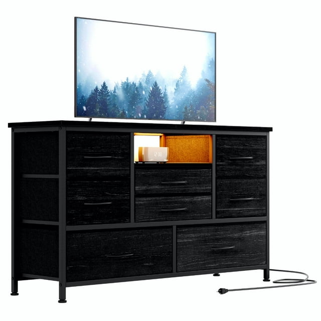 8 Drawer Dresser for Bedroom, Dresser TV Stand with Power Outlet and LED Lights, Wood Top Console Table, Wide Chest of Drawer for Bedroom, Living Room, Closet, Entryway