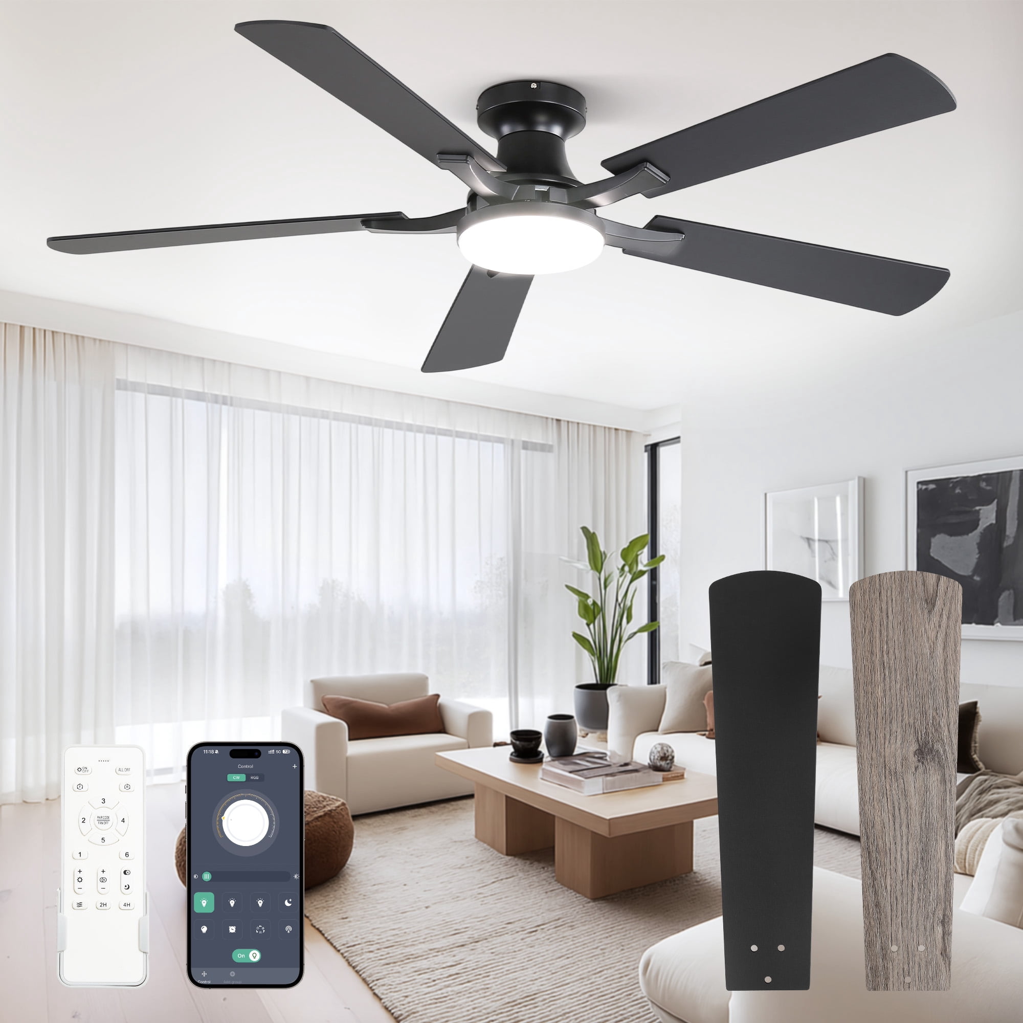 Zardon 52 inch Ceiling Fan with Light, Flush Mount Low Profile, App & Remote Control, 6-Speed Quiet DC Motor for Bedroom, Living Room, Black