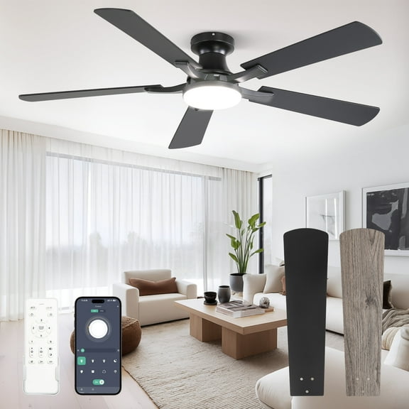 Zardon 52 inch Black Ceiling Fan with Light, Flush Mount Low Profile, App & Remote Control, Dimmable 6-Speed, Quiet Reversible DC Motor for Bedroom, Living Room
