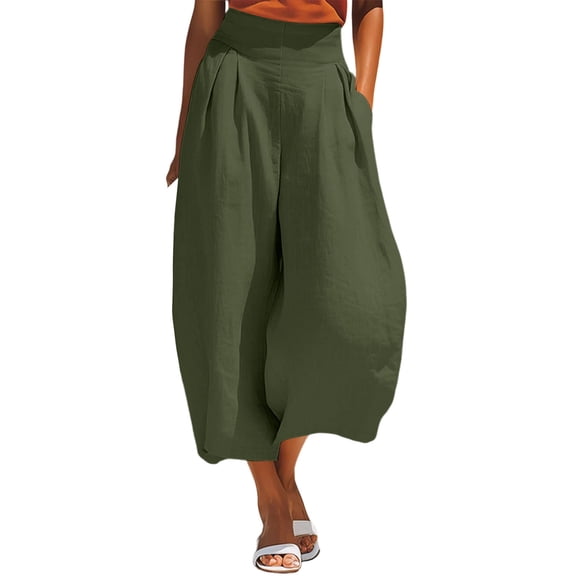 Qgtaibl Summer Wide Leg Capri Pants Cotton Baggy Breathable Palazzo Cropped Pants Casual High Waist Pleated Flowy Vacation Capris Army Green S