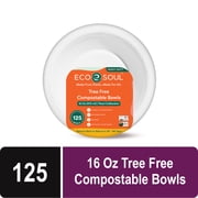 EcoSoul Compostable Bowls, 16 oz Pearl White Sugarcane Bagasse Bowls, Heavy-Duty Disposable Bowls for Soup, Salad and Snacks, Microwave-Safe, 125 Count