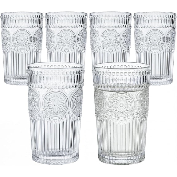 Embossed Vintage Drinking Glasses Set of 6, 12 oz Textured Glass Tumblers, Clear Retro Water Glasses for Iced Coffee, Juice, Cocktails & Everyday Use