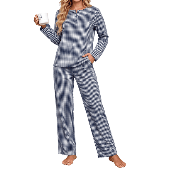 UVN Fall Cotton Two Piece Pajamas for Women Plaid Henley Collar Long Sleeve Top and Wide Leg Pant Ladies Sleepwear Casual Lounge Sets