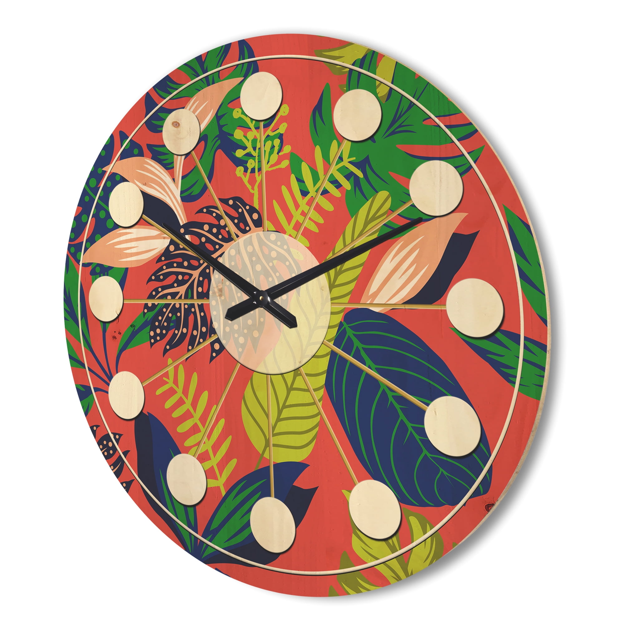 Designart 'Tropical Leaves Retro Pattern I' Mid-Century Modern Wood Wall Clock