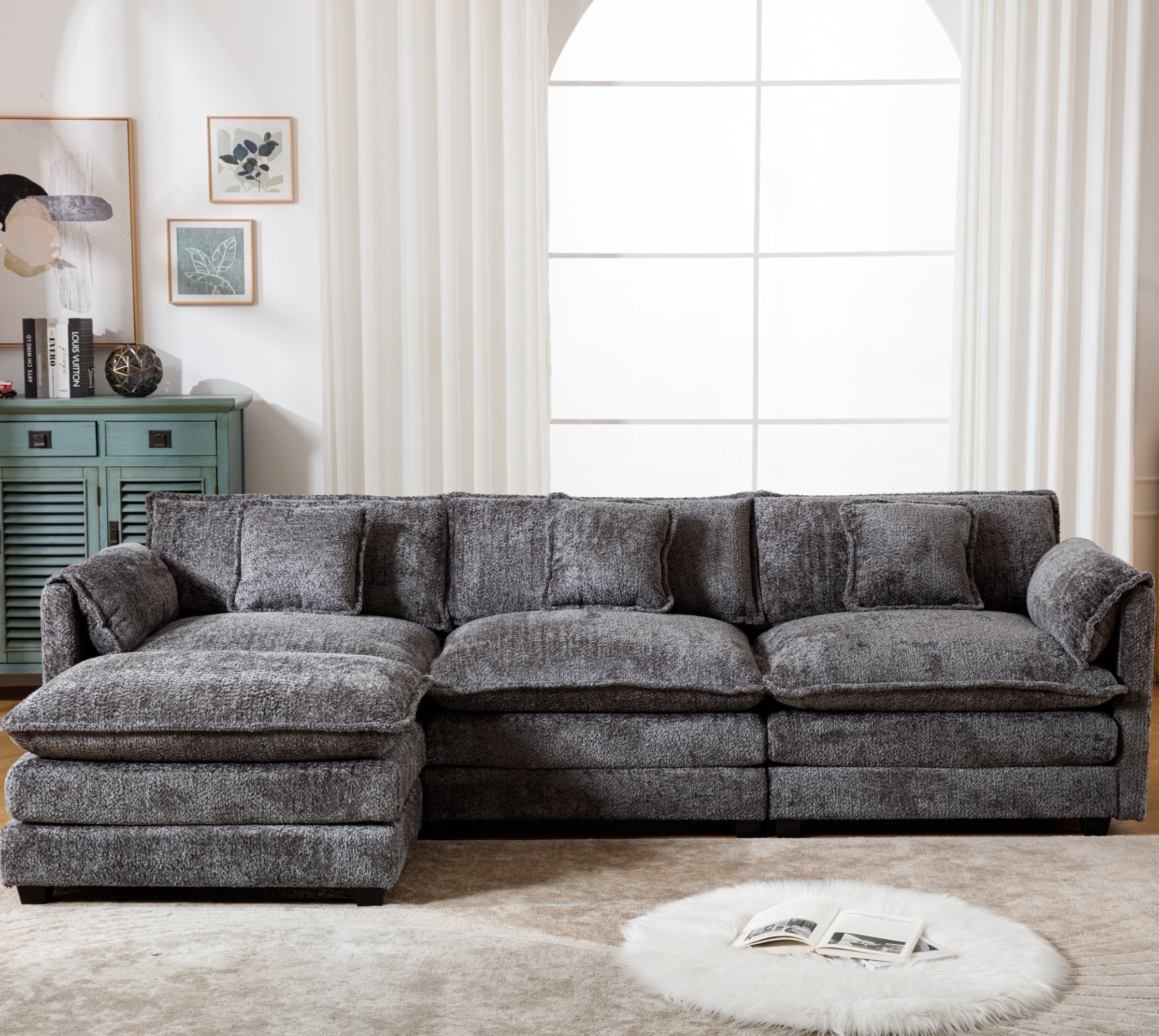 GNIXUU 112" Oversized Sectional Sofa Cloud Couch for Living Room, Modern Chenille L Shaped Couch, Comfy Boucle Modular Sofa Sleeper with Moveable Ottoman & Memory Foam (Gray)