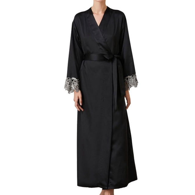 Gibobby Albornoz mujer de dormir larga con cinturón de encaje para mujer Camisón de satén cómodo Albornoz con frente abierto para otoño e invierno Ropa de dormir (Negro,CH)