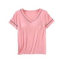 ZyeKqe Womens Pajamas Tops with Built in Bra Short Sleeve Shirts Casual V Neck Top Loose Fitted Undershirts Comfy Sleepwear