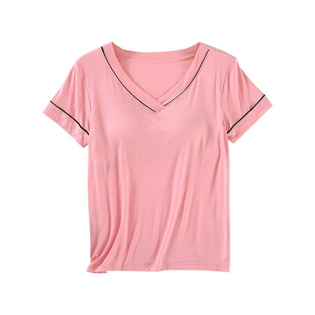 ZyeKqe Womens Pajamas Tops with Built in Bra Short Sleeve Shirts Casual V Neck Top Loose Fitted Undershirts Comfy Sleepwear