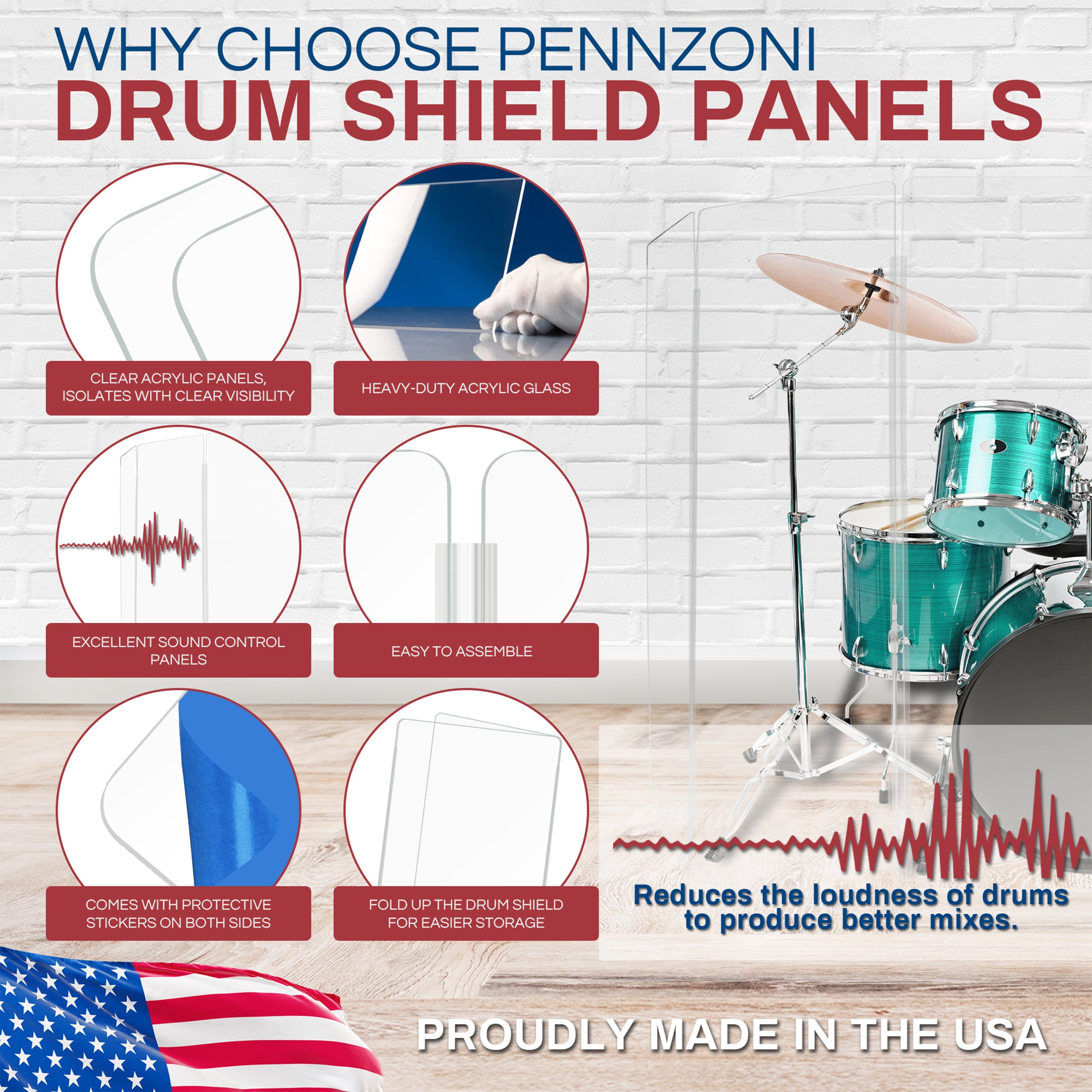 PENNZONI Drum Shield, 5 Panels & Deflectors w/ Plastic Hinges, 5.5 ft Clear Acrylic Panels