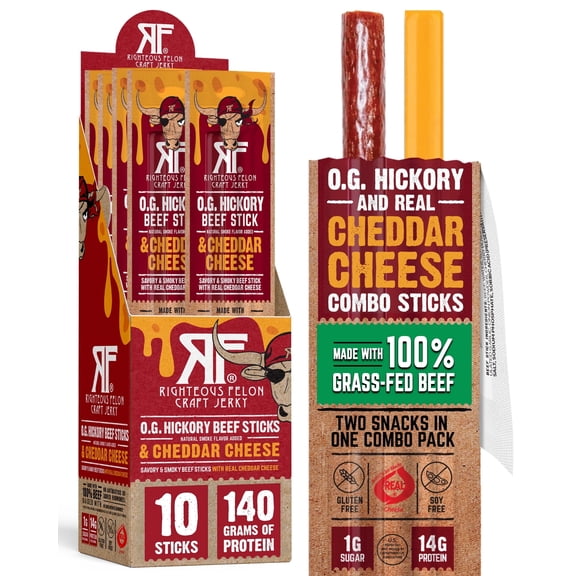 Righteous Felon O.G. Hickory Beef & Cheddar Cheese Sticks, 14g Protein, 100% Grass-Feed - 10 Combo Sticks